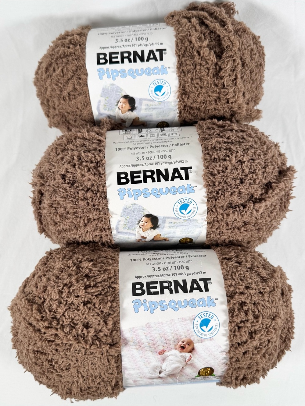 Bernat Pipsqueak Plush Baby Yarn Skeins Lot of 3, Chocolate, 3.5 oz/100g, NEW